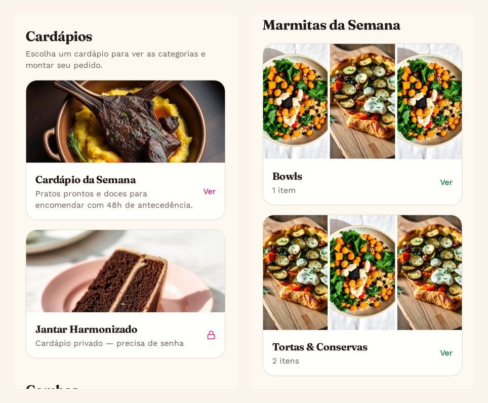 Dois cardápios públicos de cozinheiros diferentes, cada um com cores e estilo próprios