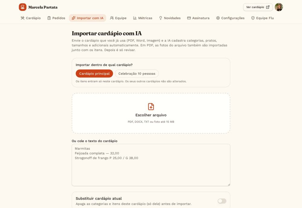 Tela de importação com IA aceitando PDF, Word ou texto colado do cardápio
