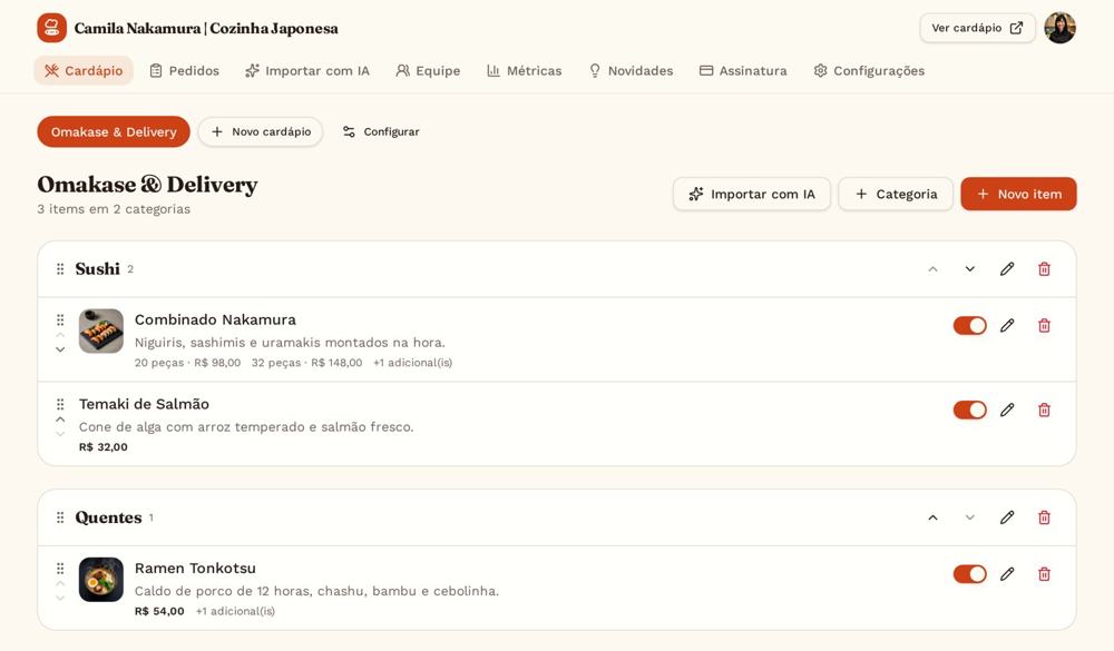 Painel do cozinheiro com cardápio principal, categorias e itens com preço