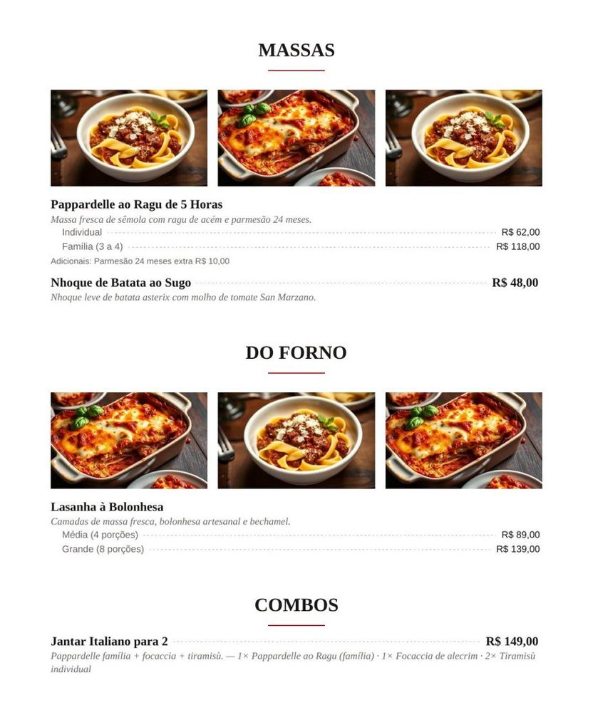 Página interna do cardápio em PDF com categorias, descrições e preços alinhados