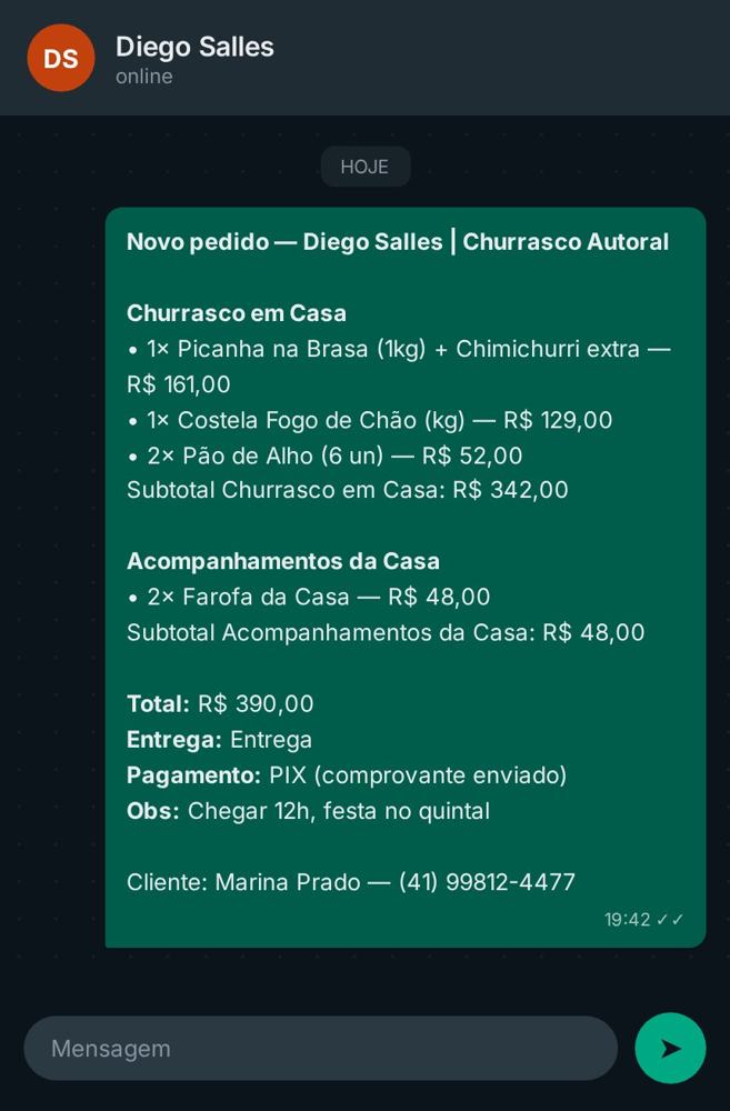 Conversa de WhatsApp do cozinheiro com o pedido formatado, separado por cardápio e com o total